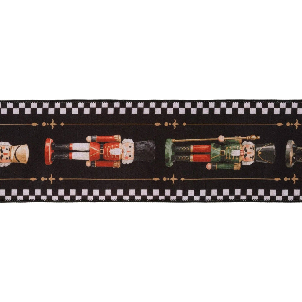4" Wired Dupioni Ribbon | Black/White Check Nutcracker on Black w/ Red Backing | 10 Yard Roll
