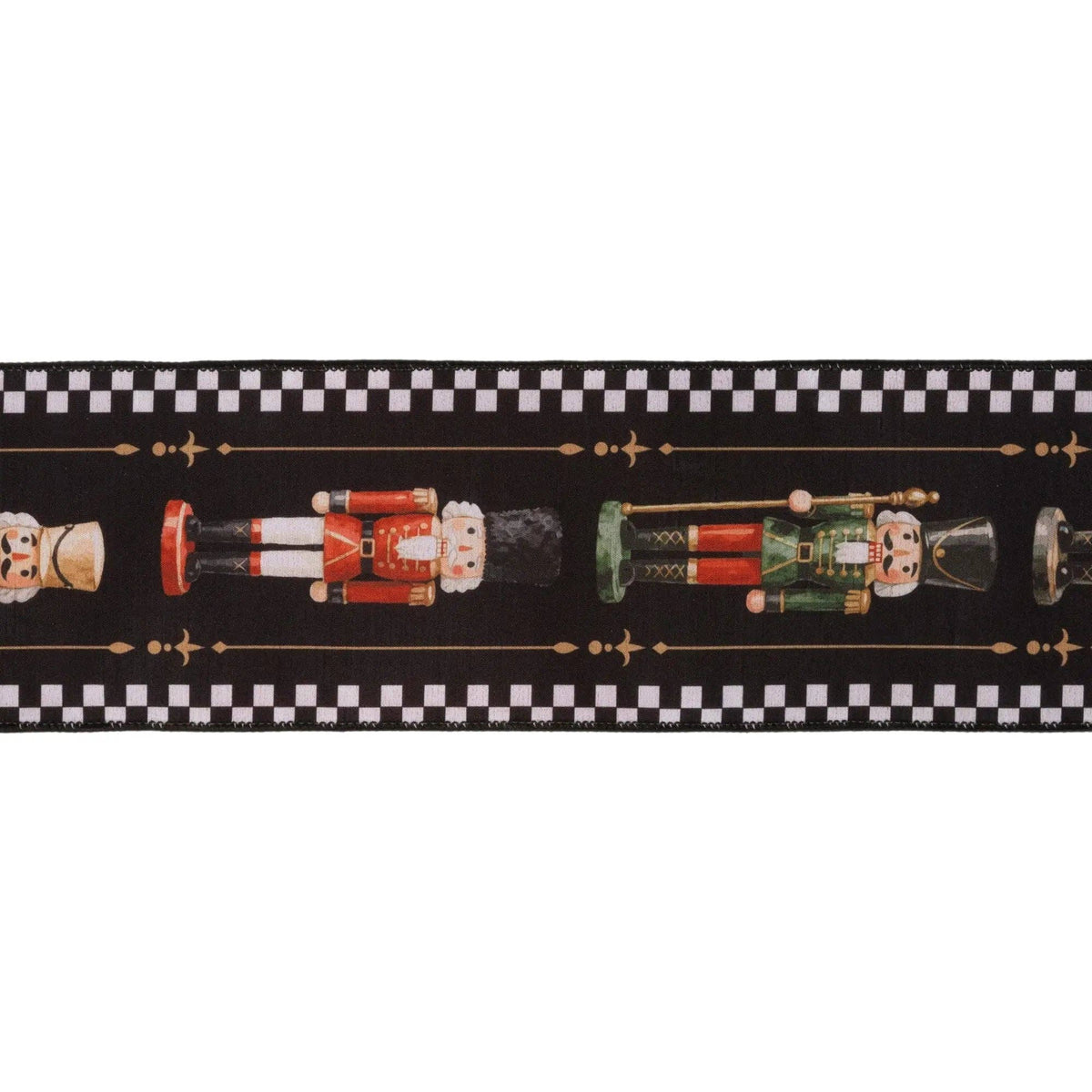 4" Wired Dupioni Ribbon | Black/White Check Nutcracker on Black w/ Red Backing | 10 Yard Roll