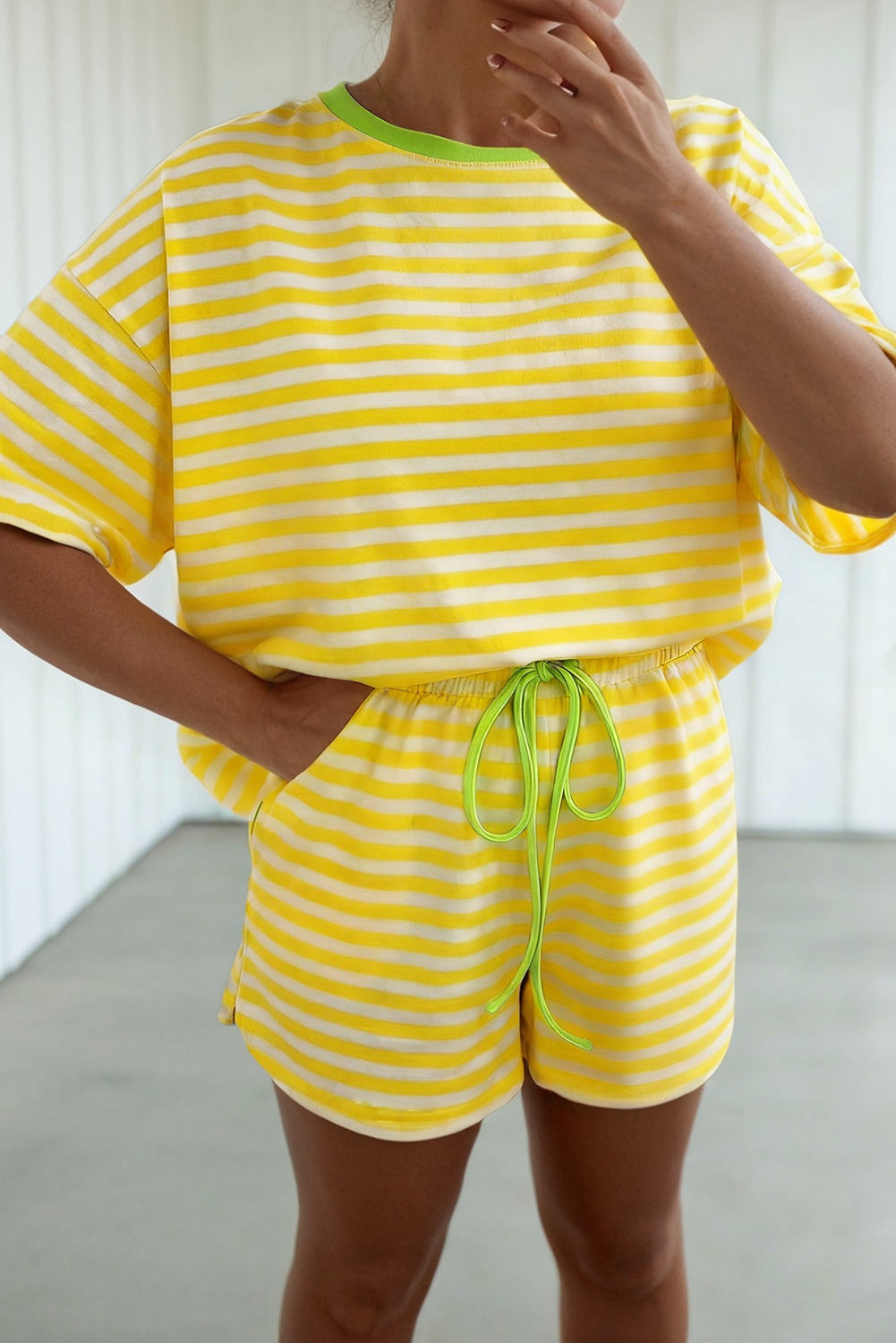 LAS Stripe Contrast Tee and Drawstring Shorts Set (S-4X)