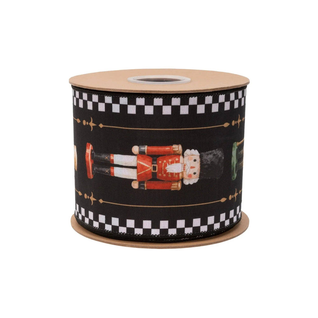 4" Wired Dupioni Ribbon | Black/White Check Nutcracker on Black w/ Red Backing | 10 Yard Roll