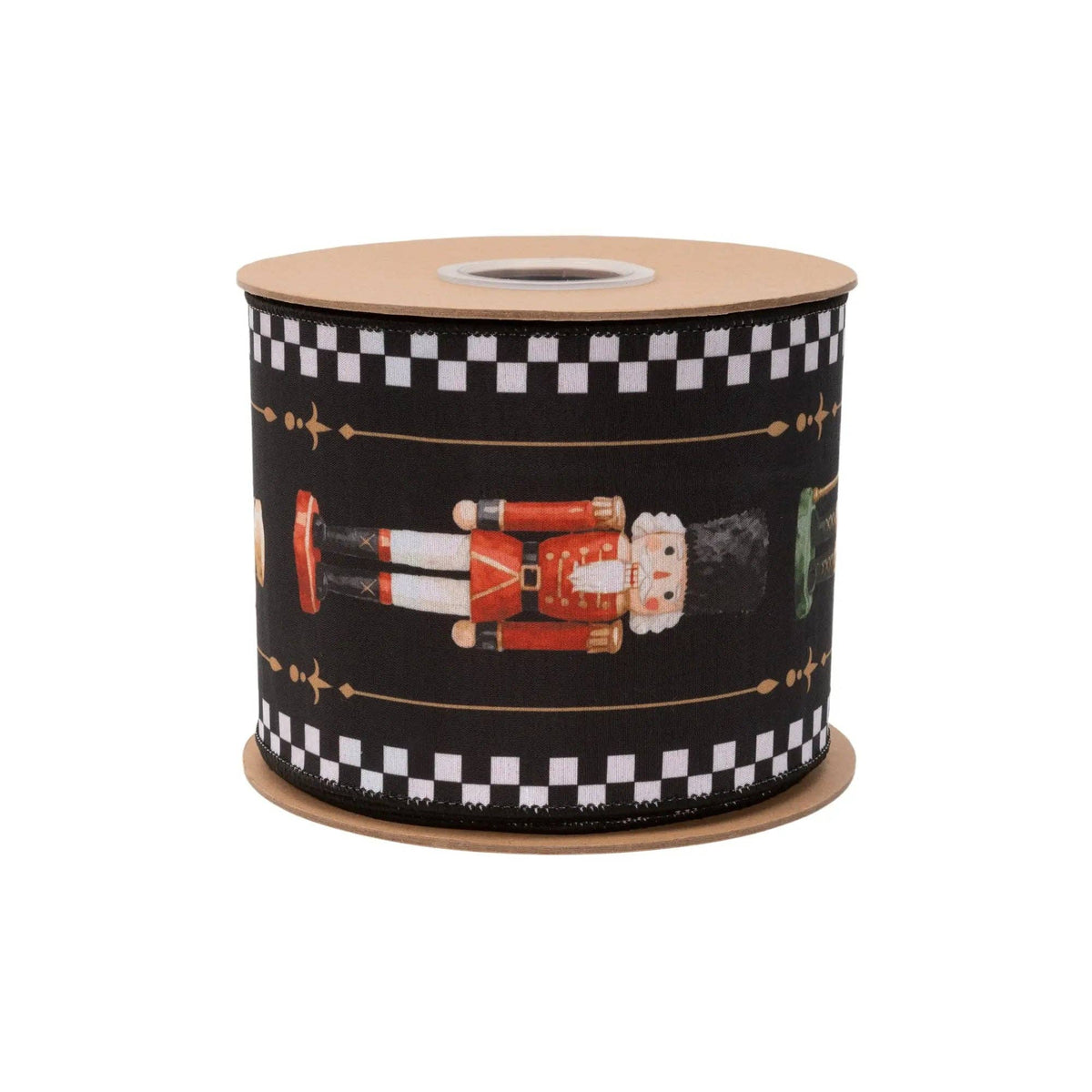 4" Wired Dupioni Ribbon | Black/White Check Nutcracker on Black w/ Red Backing | 10 Yard Roll