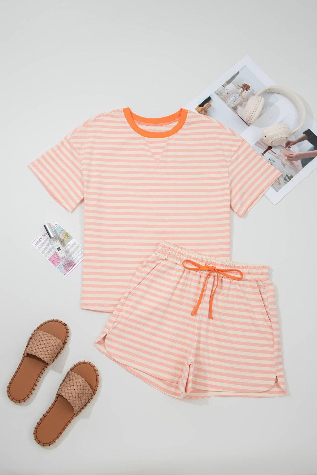 LAS Stripe Contrast Tee and Drawstring Shorts Set (S-4X)