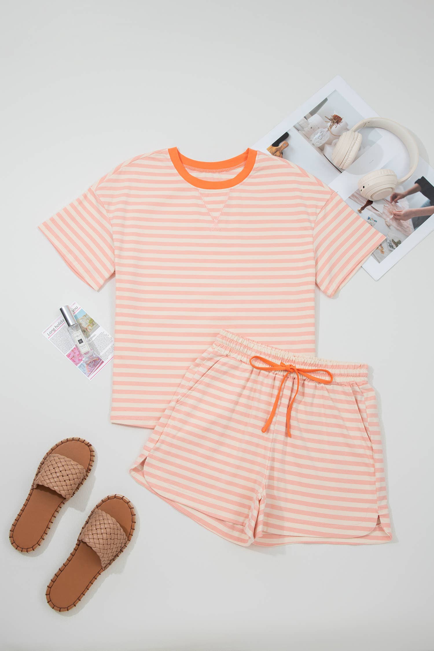 LAS Stripe Contrast Tee and Drawstring Shorts Set (S-4X)