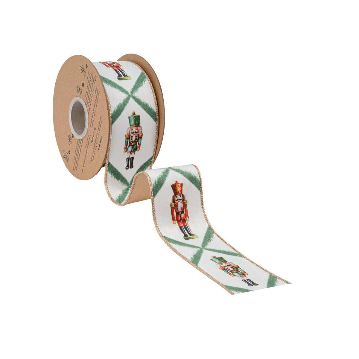 2 1/2" Wired Reversible Velvet | Nutcracker With Norfolk | Pine On White | 10 Yard Roll