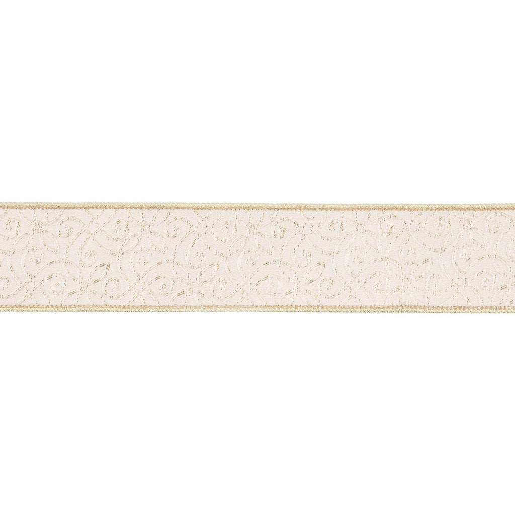 2 1/2" Wired Jacquard Ribbon | Ivory/Gold w/ Gold Dupioni-fused Backing | 10 Yard Roll