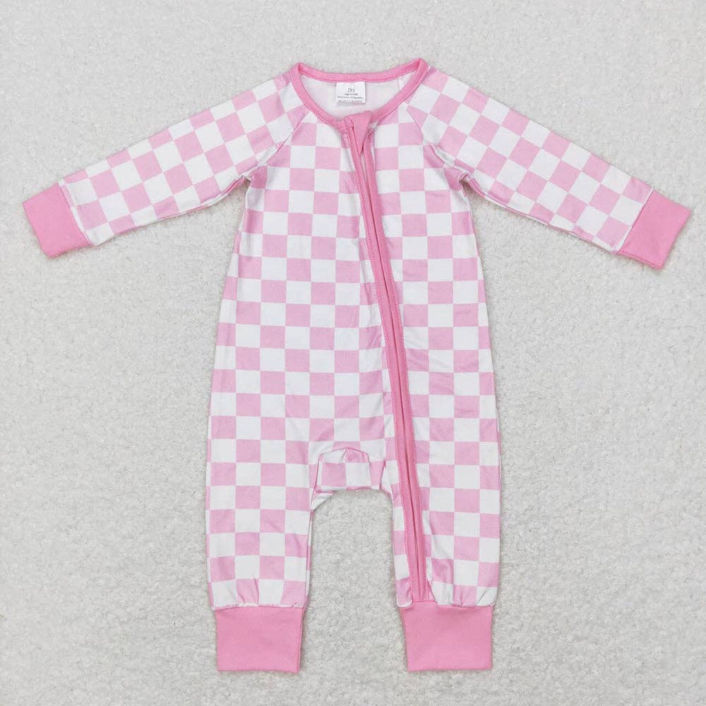 Baby Infant Girls Pink Checkered Long Sleeve Zip Sleepers Ro