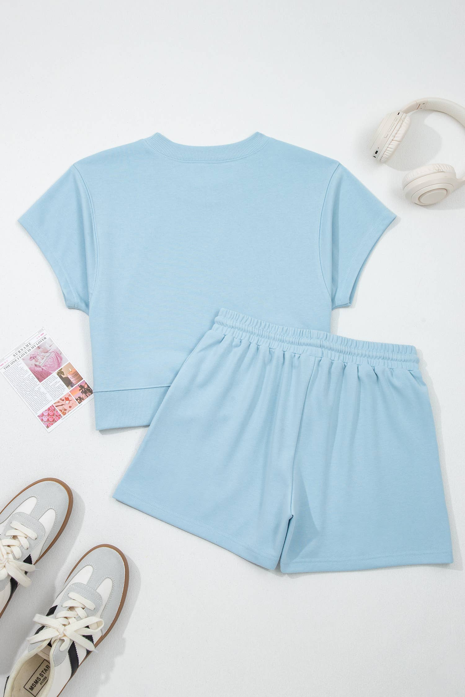 LAS Solid Loose Tee Drawstring 2pcs Shorts Sets (S-XL)