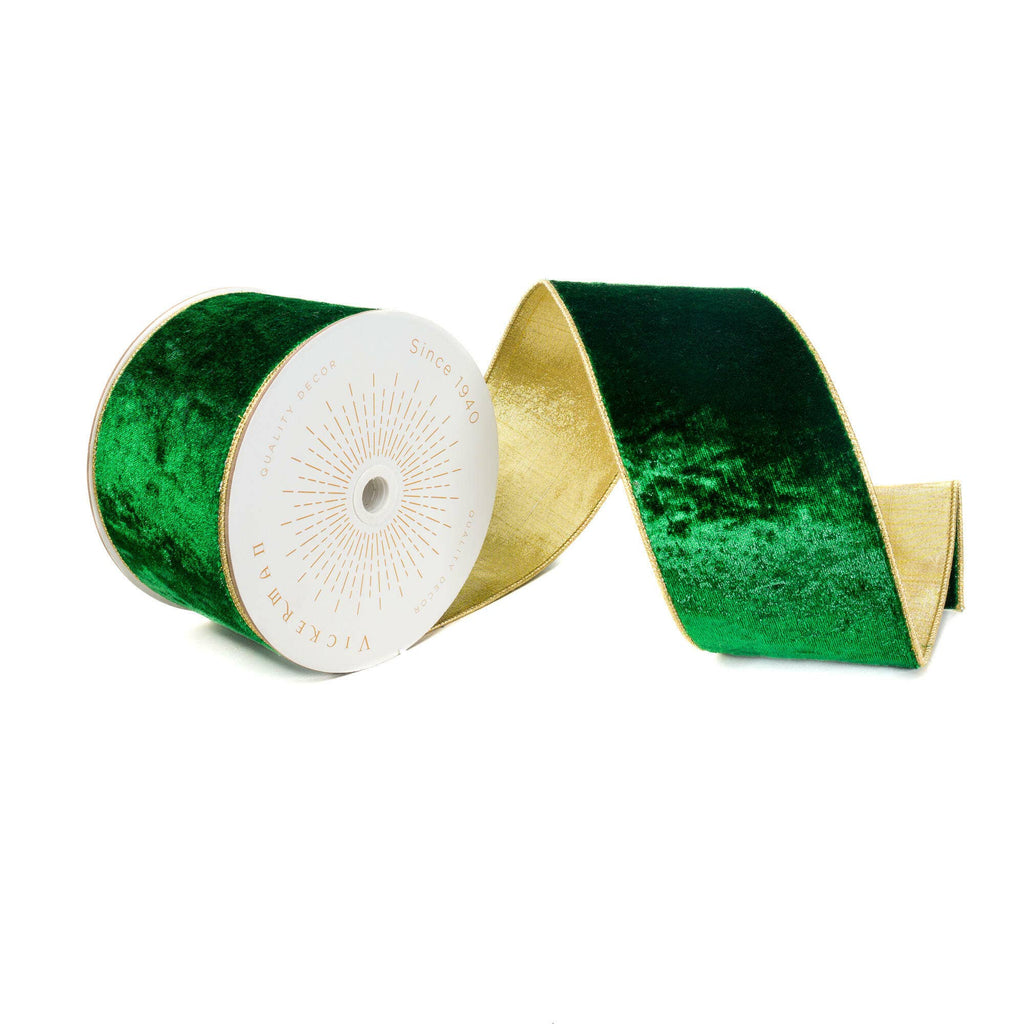 4"x10yd Emerald Shiny Velvet Gold Trim