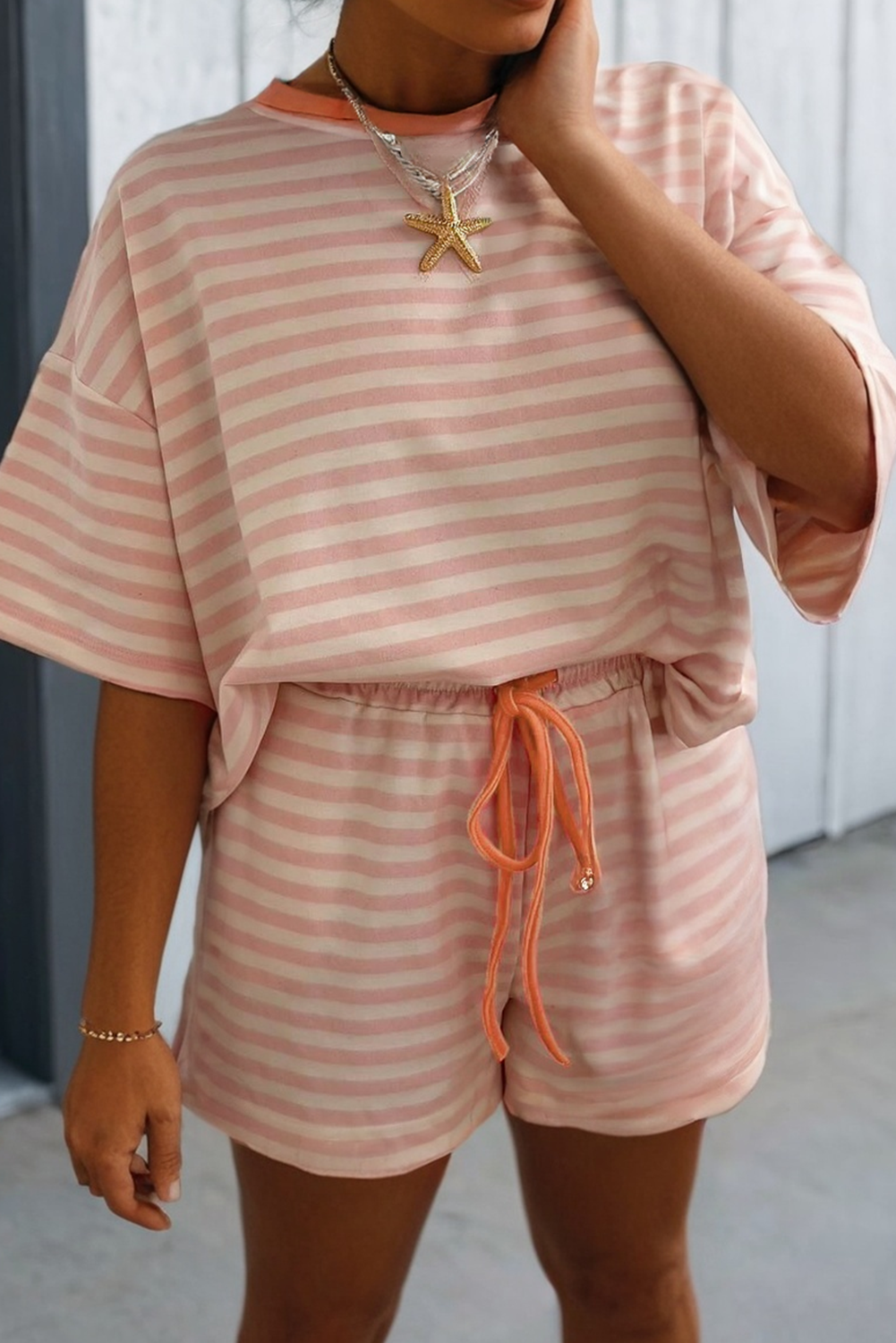 LAS Stripe Contrast Tee and Drawstring Shorts Set (S-4X)