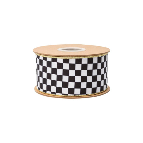 2 1/2" Wired Ribbon | Black/White Check w/ Gold Backing | 10 Yard Roll