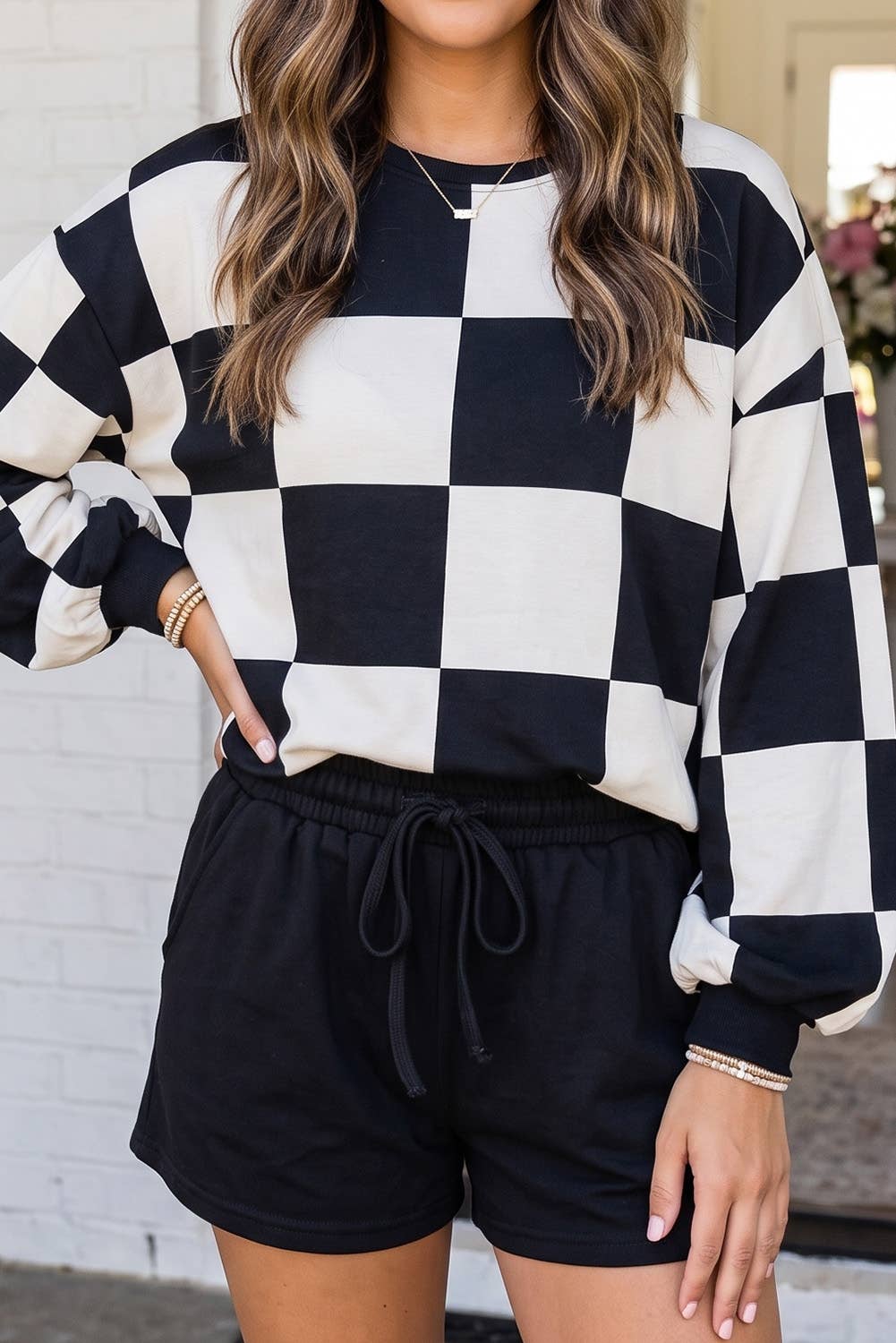 LAS Plaid Top Solid Drawstring Shorts Lounge Set (S-XL)
