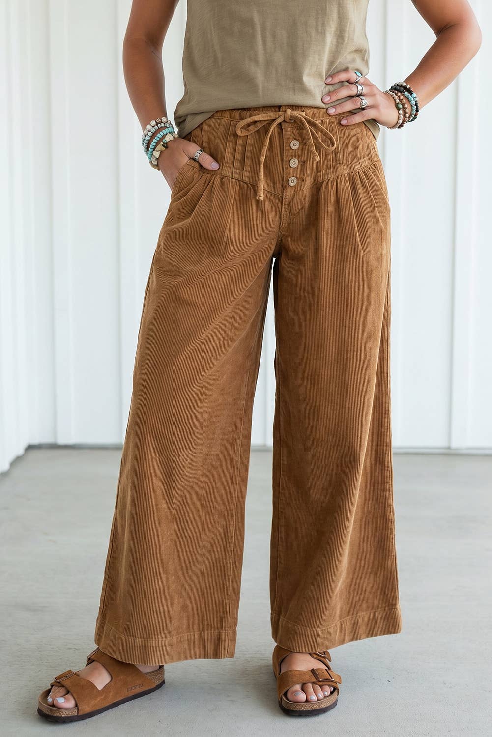LAS Wooden Button Elastic Waist Wide Leg Pants (S-XL)