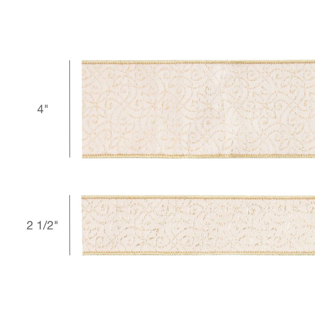 2 1/2" Wired Jacquard Ribbon | Ivory/Gold w/ Gold Dupioni-fused Backing | 10 Yard Roll