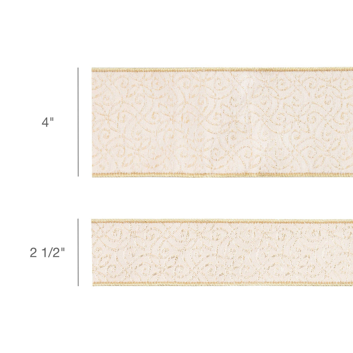 2 1/2" Wired Jacquard Ribbon | Ivory/Gold w/ Gold Dupioni-fused Backing | 10 Yard Roll
