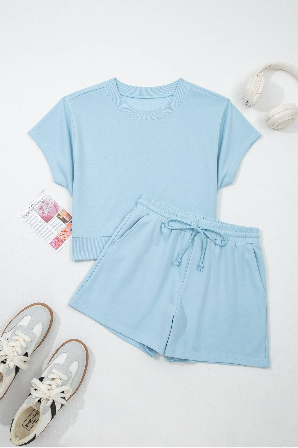 LAS Solid Loose Tee Drawstring 2pcs Shorts Sets (S-XL)