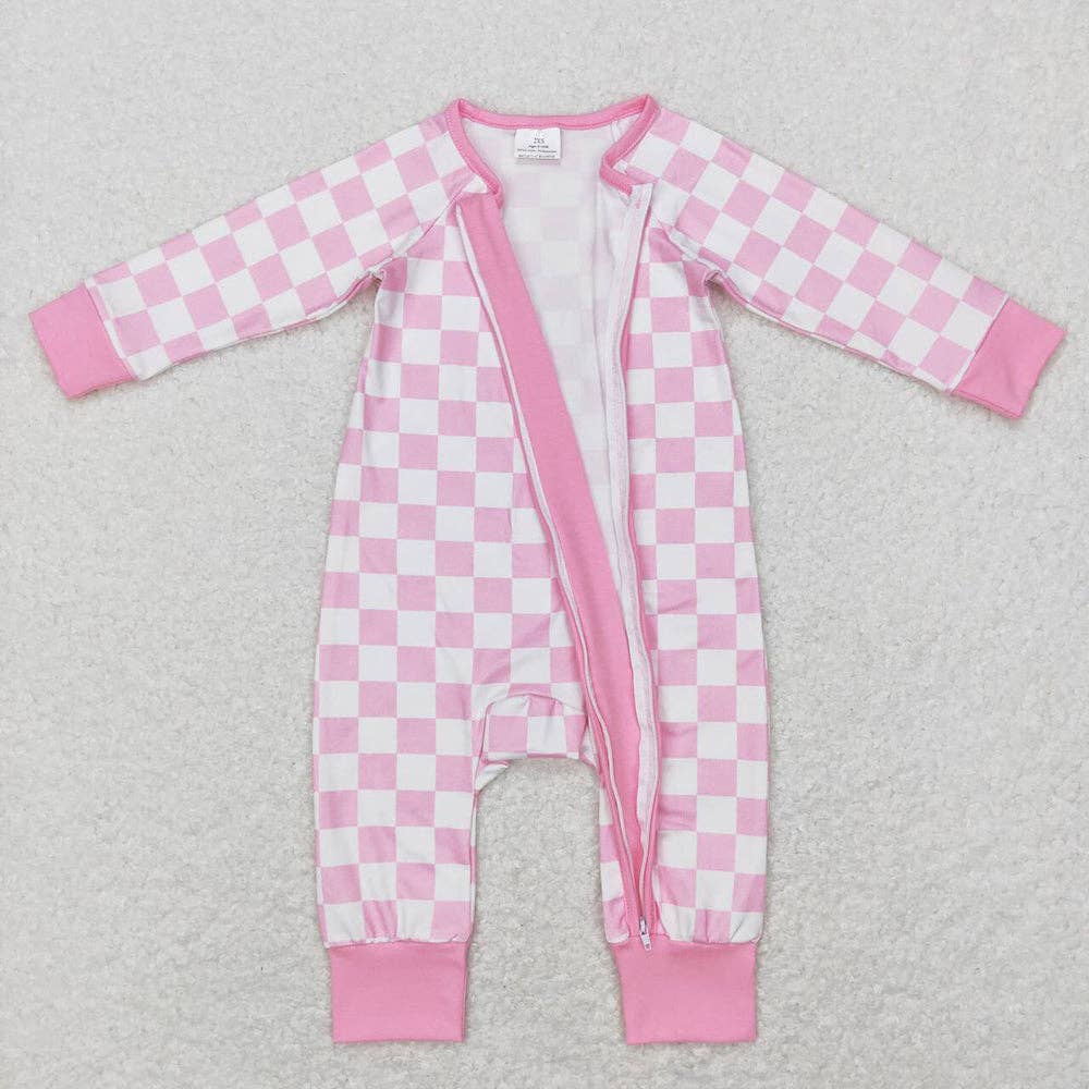 Baby Infant Girls Pink Checkered Long Sleeve Zip Sleepers Ro