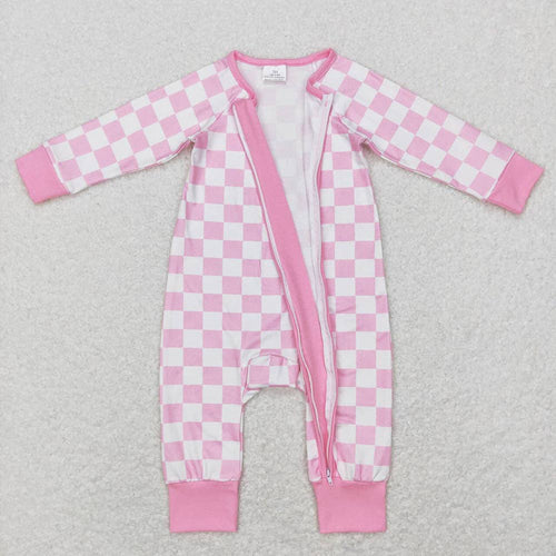 Baby Infant Girls Pink Checkered Long Sleeve Zip Sleepers Ro